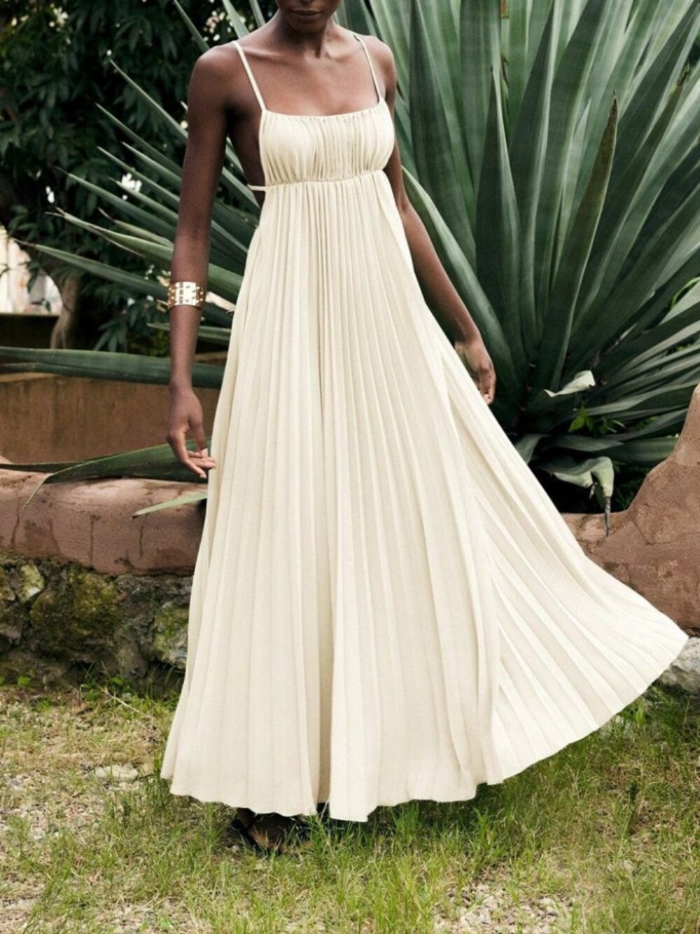 Cream Pleated Maxi Dress with Spaghetti Straps
